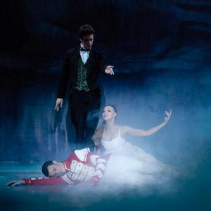 Vito Bernasconi as Drosselmeyer, Emilio Pavan as the Nutcracker Prince and Hayley Donnison as Clara in Nutcracker:  the Gift of a Dream.  Photo:  Sergey Konstantinov.